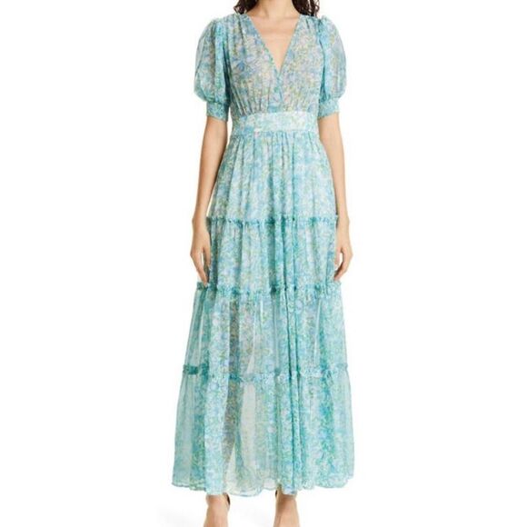 BYTIMO Blue Floral Tiered Chiffon Maxi DRESS -  NWT Size Medium - Picture 1 of 12